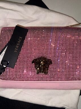 Versace Pink Crystal Medusa Shoulder Clutch with Gold Emblem